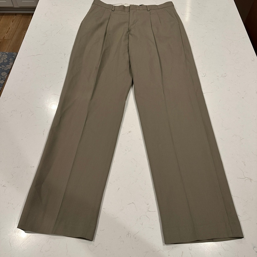 Eddie Bauer Mens 35x36 Worsted Wool Pleated Relaxed Fit Dress Pants Khaki Brown